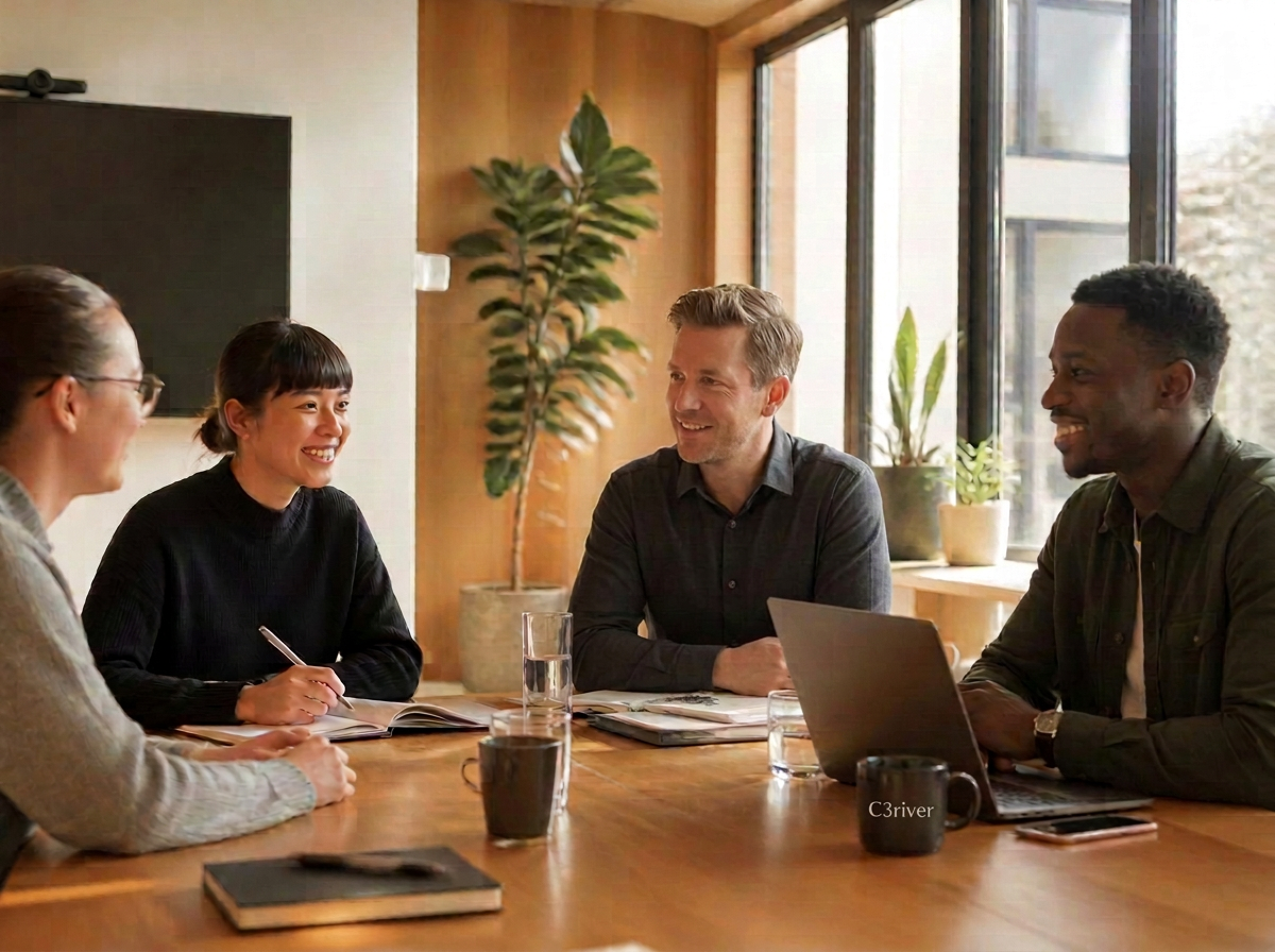 Diverse professionals smiling and collaborating in a warm, welcoming modern workplace