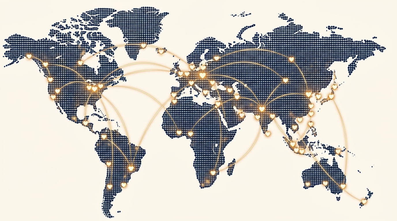 Stylized world map with pulsing hearts connecting across a global community of Jesus followers