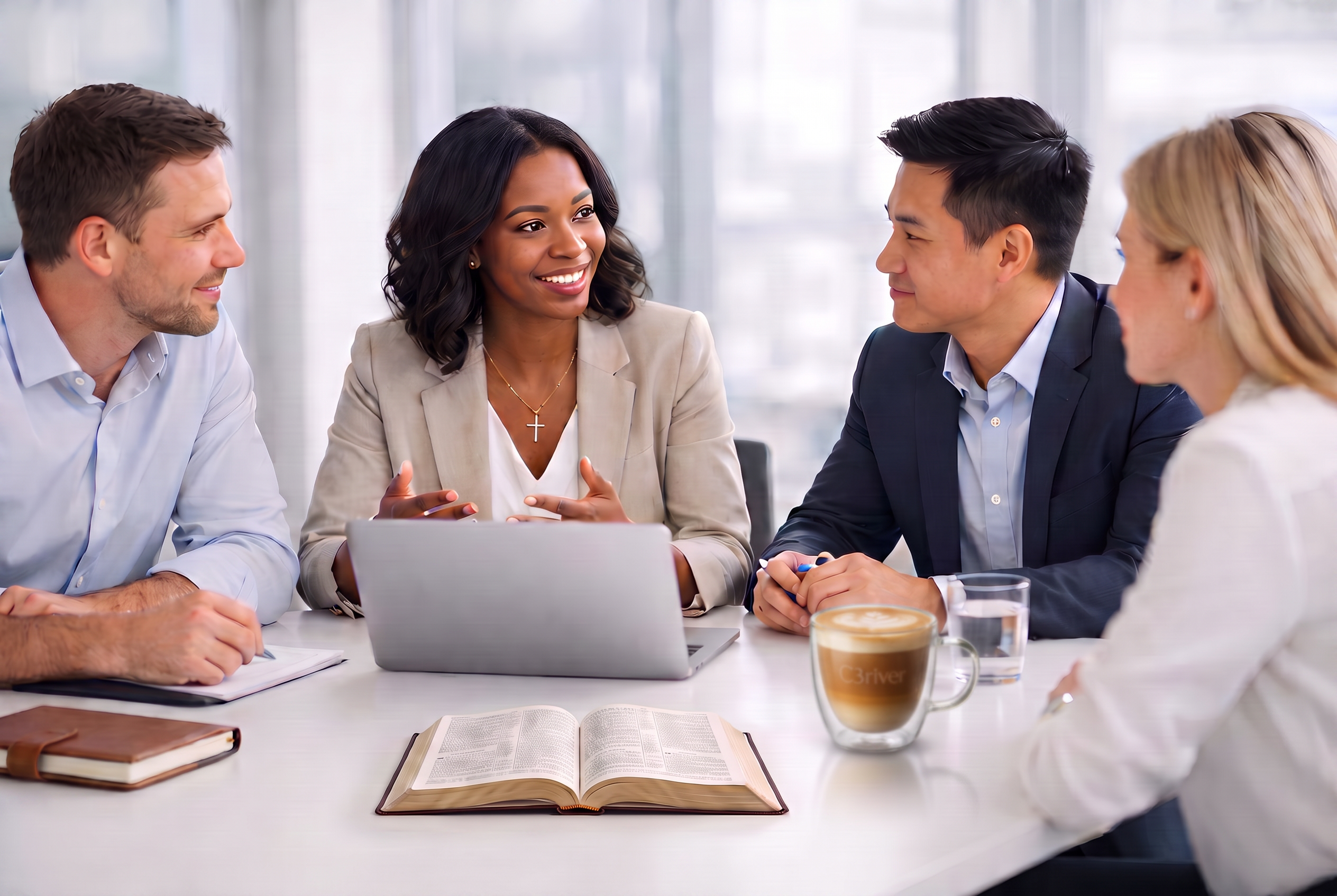 Jesus followers connecting and working together in a warm modern workplace