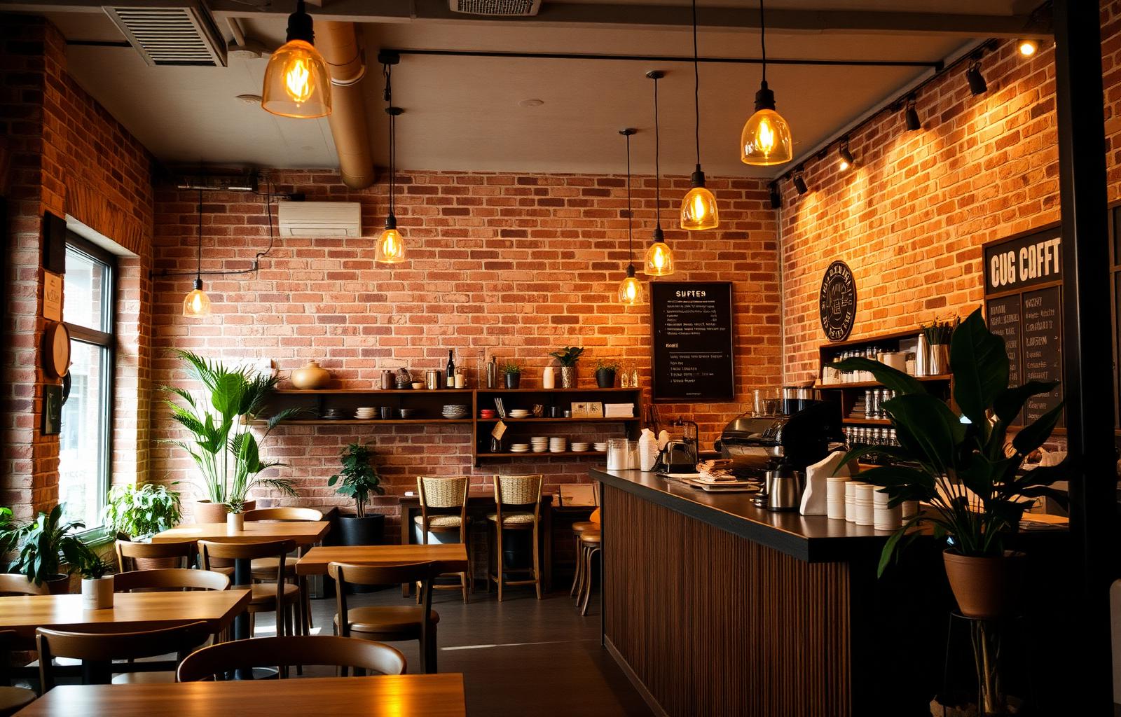 Warm, welcoming coffee shop interior with exposed brick, pendant lights, and a barista at the counter