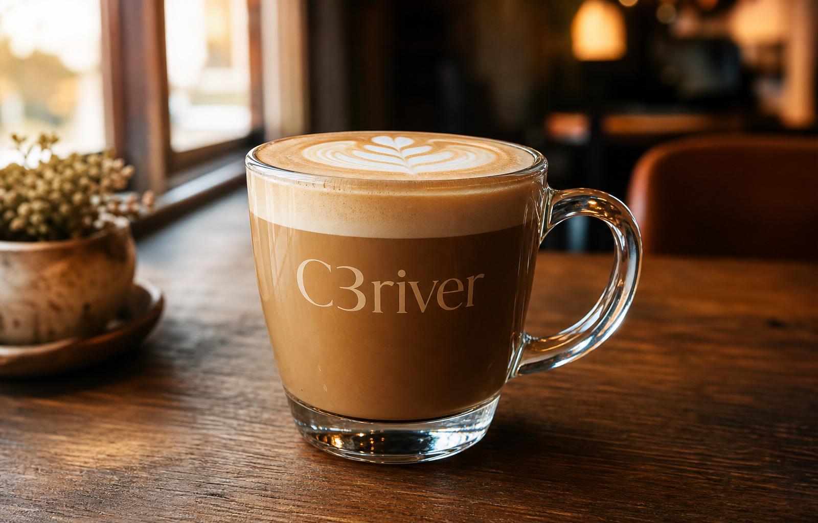 Glass latte mug with C3river logo, foam art on top, sitting on a warm wooden cafe table