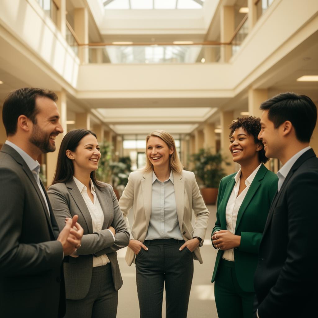 Workplace Group members in a corporate atrium