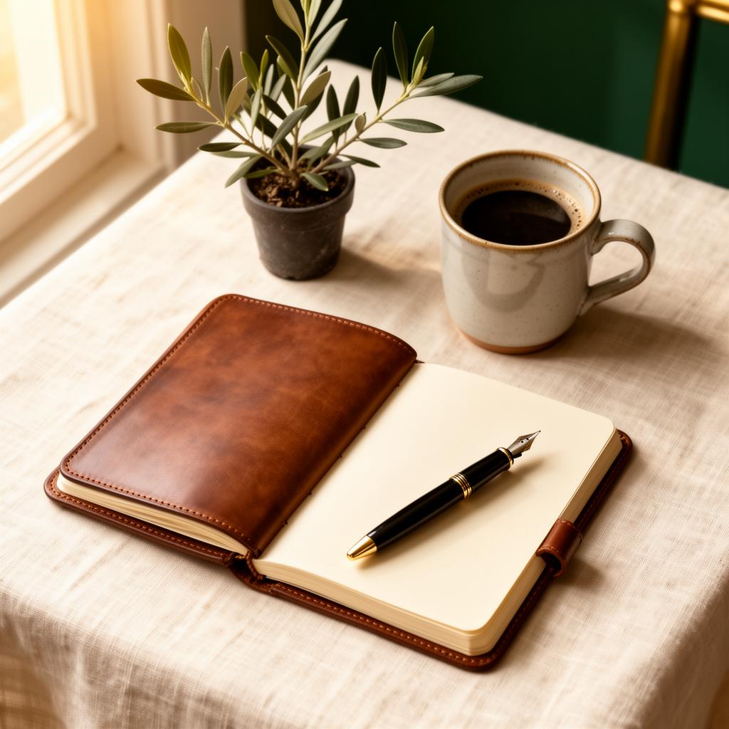 Open journal and coffee in warm light